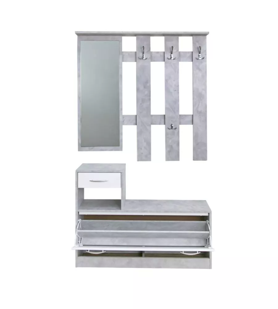 MOBILE DA INGRESSO BELLAHOME CON SPECCHIO E APPENDIABITI BIANCO E CEMENTO 100X25X180 CM