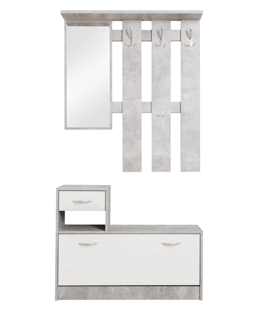 MOBILE DA INGRESSO BELLAHOME CON SPECCHIO E APPENDIABITI BIANCO E CEMENTO, 100X25X180 CM