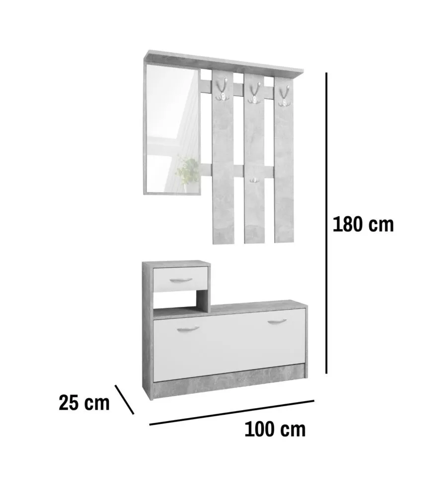 MOBILE DA INGRESSO BELLAHOME CON SPECCHIO E APPENDIABITI BIANCO E CEMENTO 100X25X180 CM