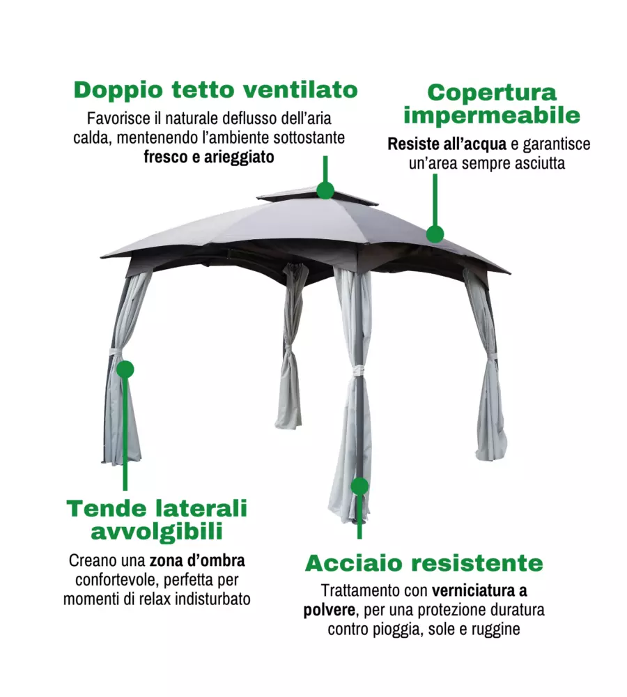 GAZEBO DA ESTERNO CON DOPPIO TETTO EUROGARDEN "BERLINO" IN ACCIAIO GRIGIO 3X3 M