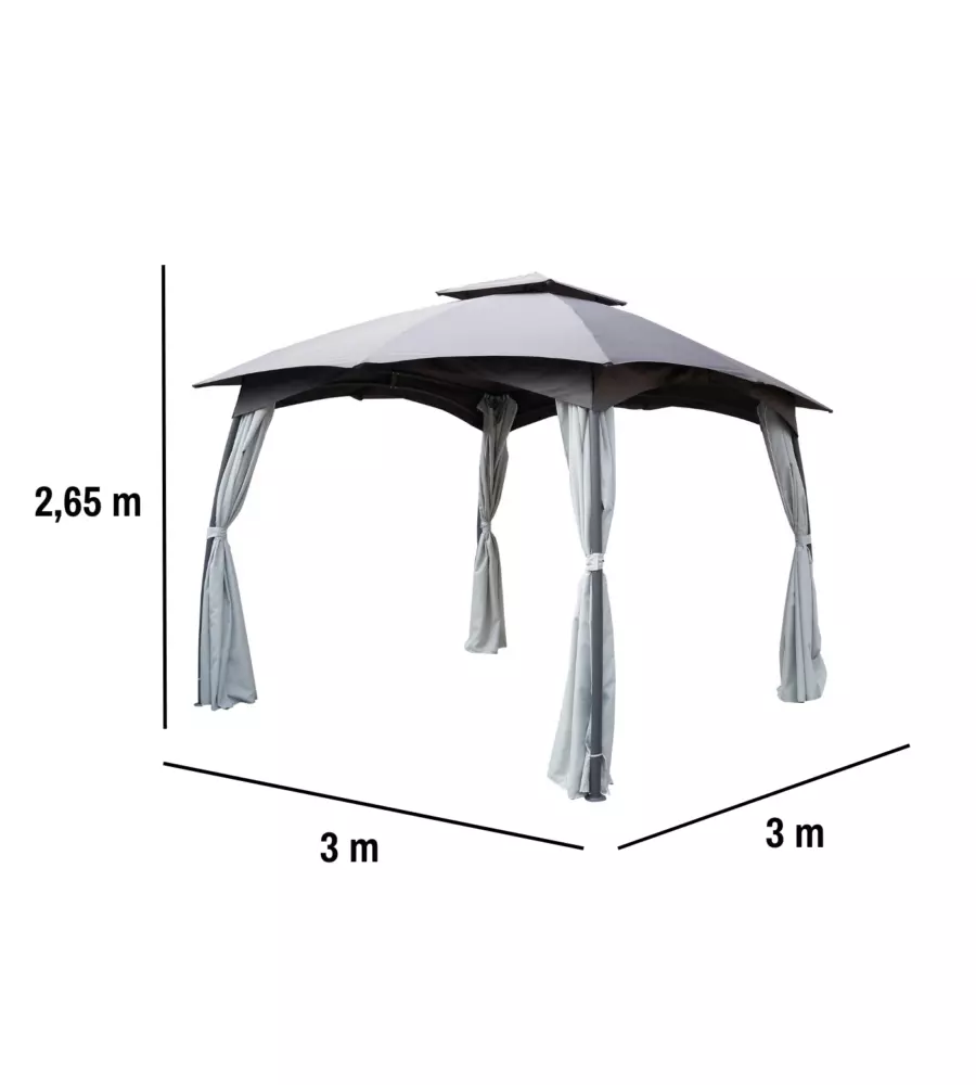 GAZEBO DA ESTERNO CON DOPPIO TETTO EUROGARDEN "BERLINO" IN ACCIAIO GRIGIO 3X3 M