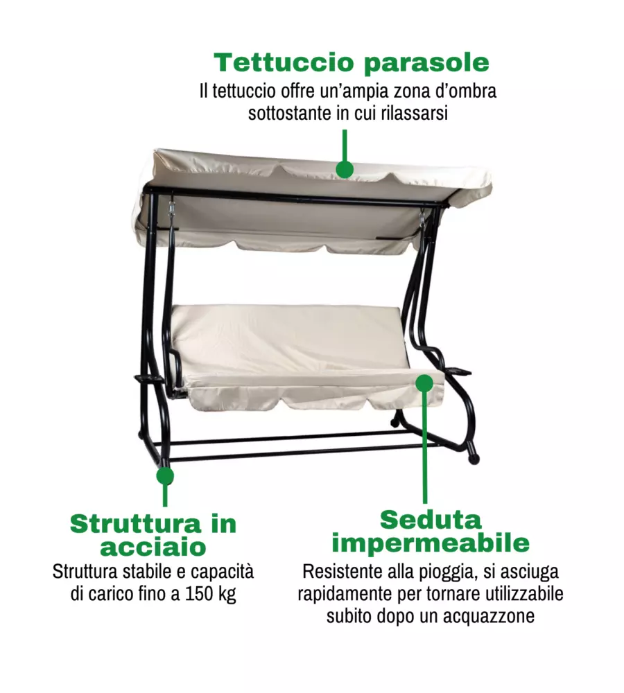 DONDOLO DA ESTERNO 3 POSTI EUROGARDEN BEIGE 200X120X164 CM