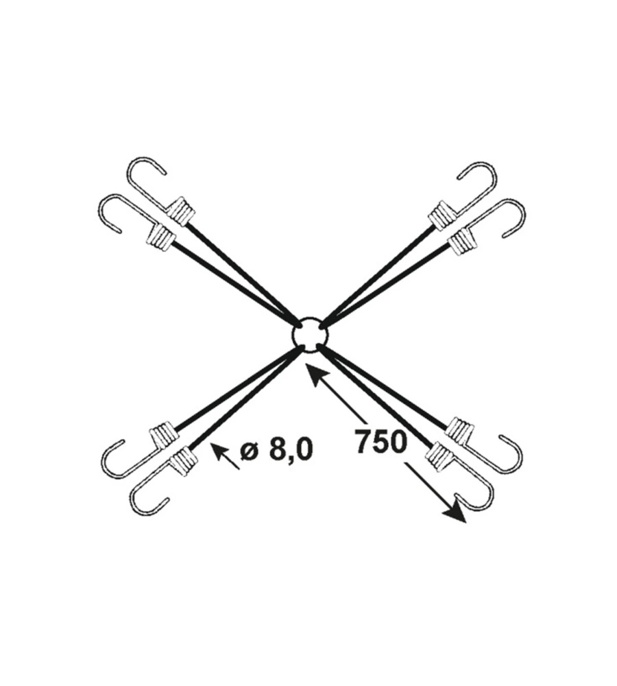 CAVO ELASTICO A RAGNO Ø 8 X 750 MM. IN POLIPROPILENE CON 8 GANCI DI ANCORAGGIO PLASTIFICATI