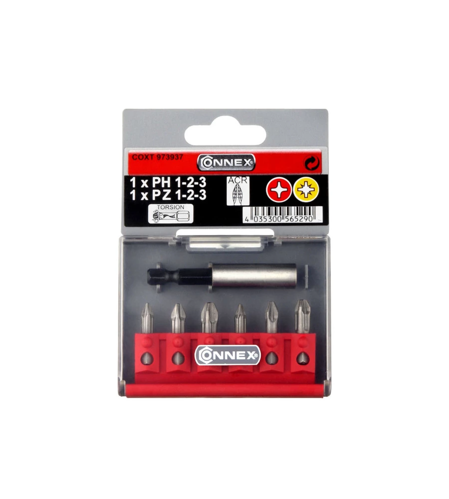 SET 6 INSERTI A CROCE PHILIPS E POZIDRIV TORSION ACR CONNEX "MAX-POWER" CON SUPPORTO MAGNETICO