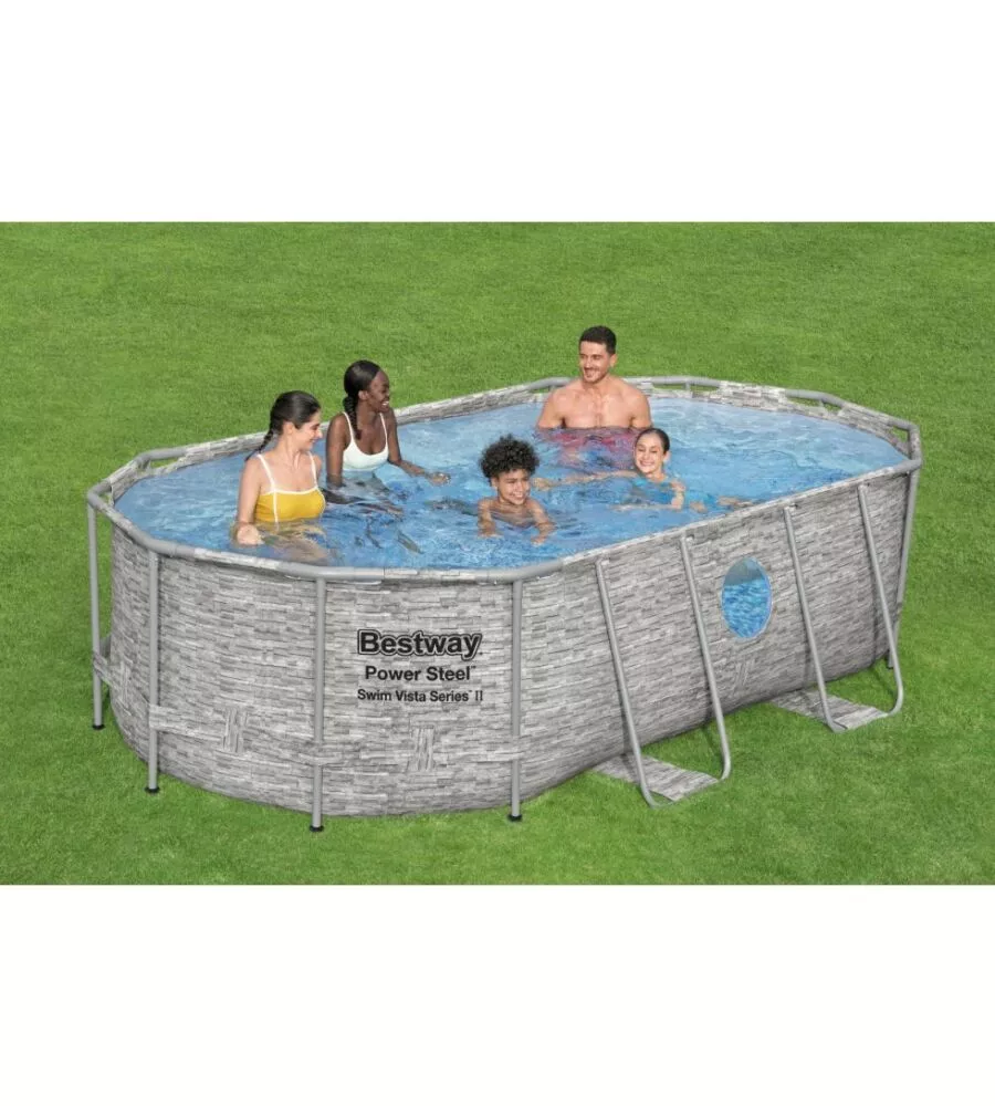 PISCINA FUORI TERRA CON STRUTTURA OVALE BESTWAY "POWER STEEL" CON FILTRO, SCALA, COPERTURA, CHEMCONNECT  E OBLO' EFFETTO FINTA PIETRA 427X250X100 CM - COD. 56714