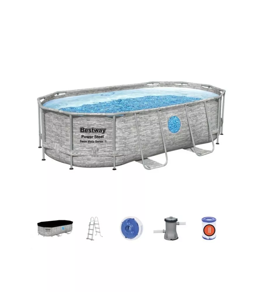 PISCINA FUORI TERRA CON STRUTTURA OVALE BESTWAY "POWER STEEL" CON FILTRO, SCALA, COPERTURA, CHEMCONNECT  E OBLO' EFFETTO FINTA PIETRA 427X250X100 CM - COD. 56714