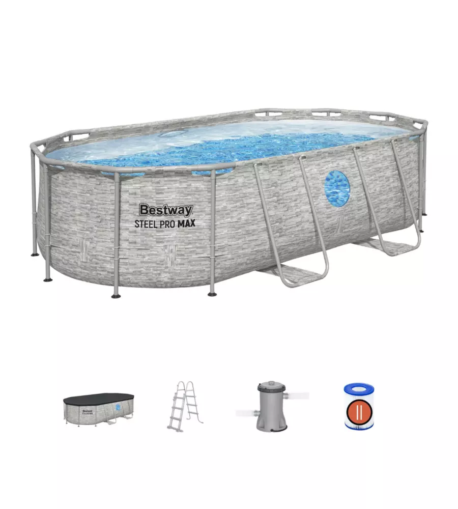 PISCINA FUORI TERRA CON STRUTTURA OVALE BESTWAY "POWER STEEL" CON FILTRO, SCALA, COPERTURA E OBLO' EFFETTO FINTA PIETRA 427X250X100 CM - COD. 56714