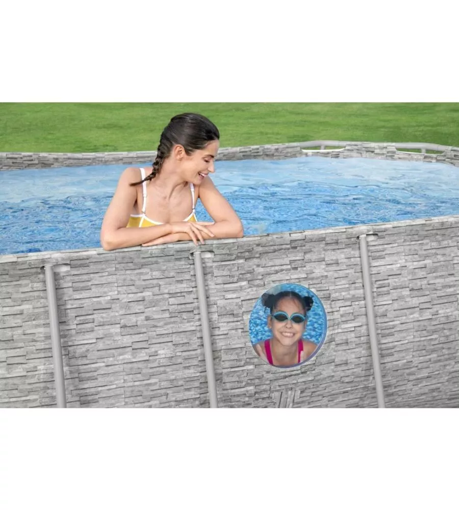 PISCINA FUORI TERRA CON STRUTTURA OVALE BESTWAY "POWER STEEL" CON FILTRO, SCALA, COPERTURA, CHEMCONNECT  E OBLO' EFFETTO FINTA PIETRA 427X250X100 CM - COD. 56714
