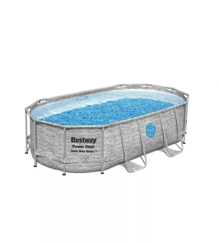PISCINA FUORI TERRA CON STRUTTURA OVALE BESTWAY "POWER STEEL" CON FILTRO, SCALA, COPERTURA E OBLO' EFFETTO FINTA PIETRA 427X250X100 CM - COD. 56714