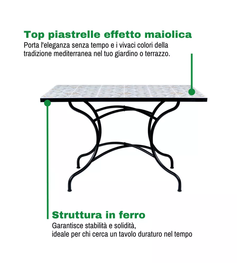 TAVOLO DA ESTERNO EUROGARDEN "MEDITERRANEA" IN FERRO CON TOP PIASTRELLE 120X80X75 CM