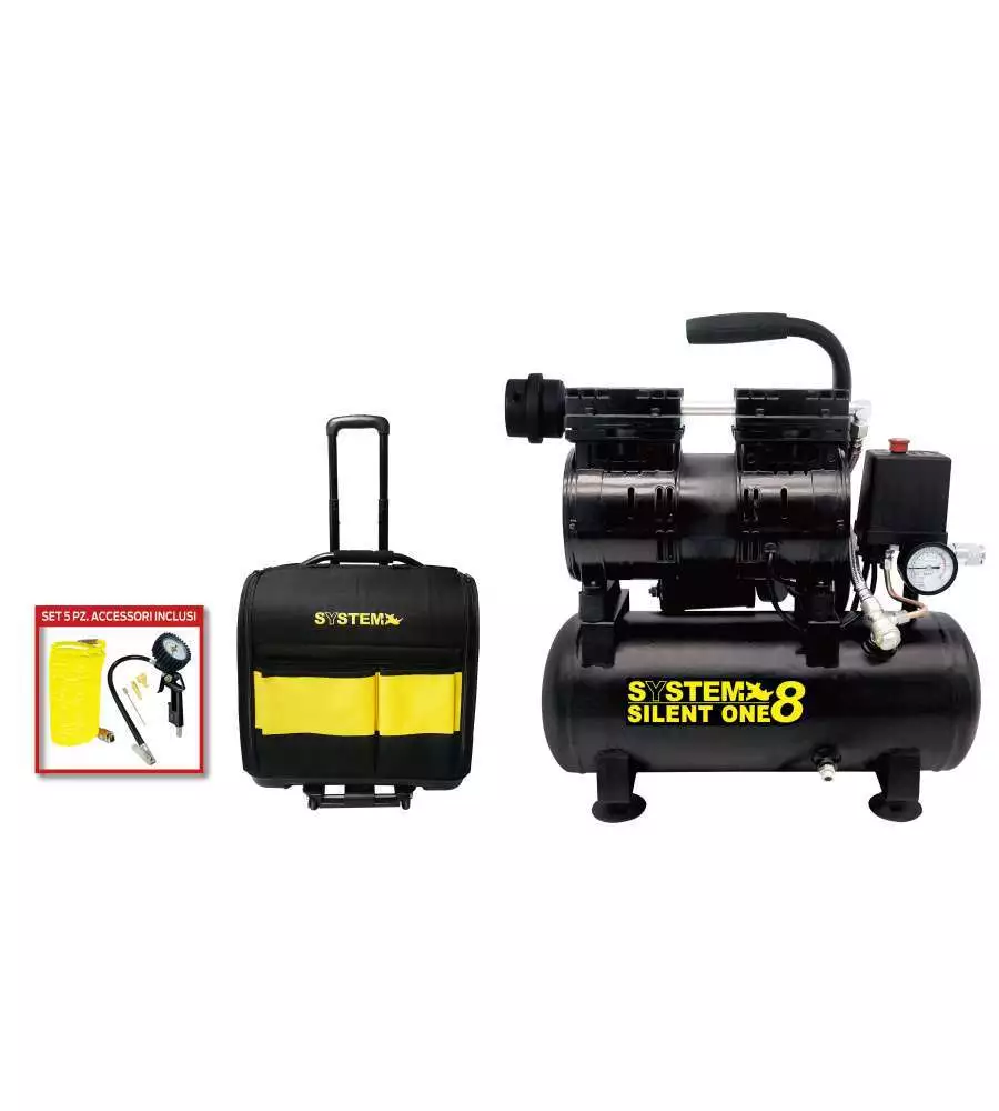 COMPRESSORE ARIA PORTATILE SYSTEM+ CON TROLLEY E ACCESSORI 8L 0,95HP - COD. SY061