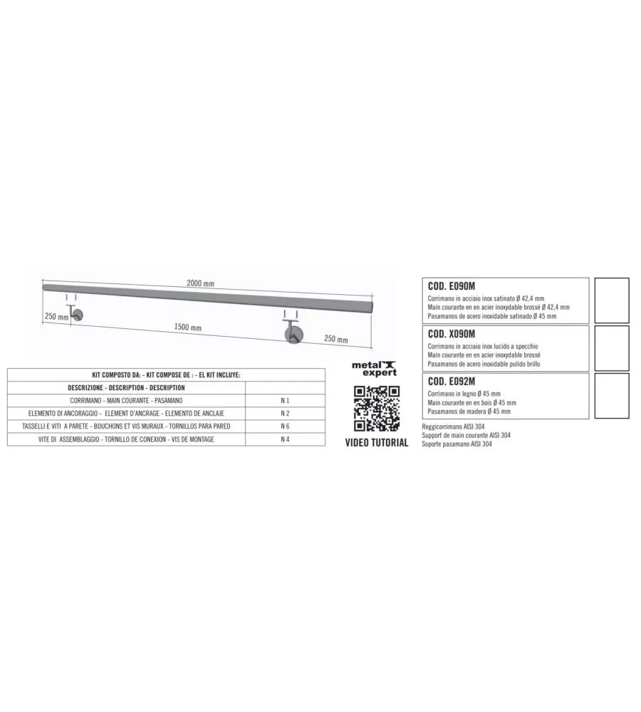 CORRIMANO TONDO IN ACCIAIO INOX AISI 304 SATINATO DA 2 METRI - KIT COMPLETO CON ANCORAGGIO