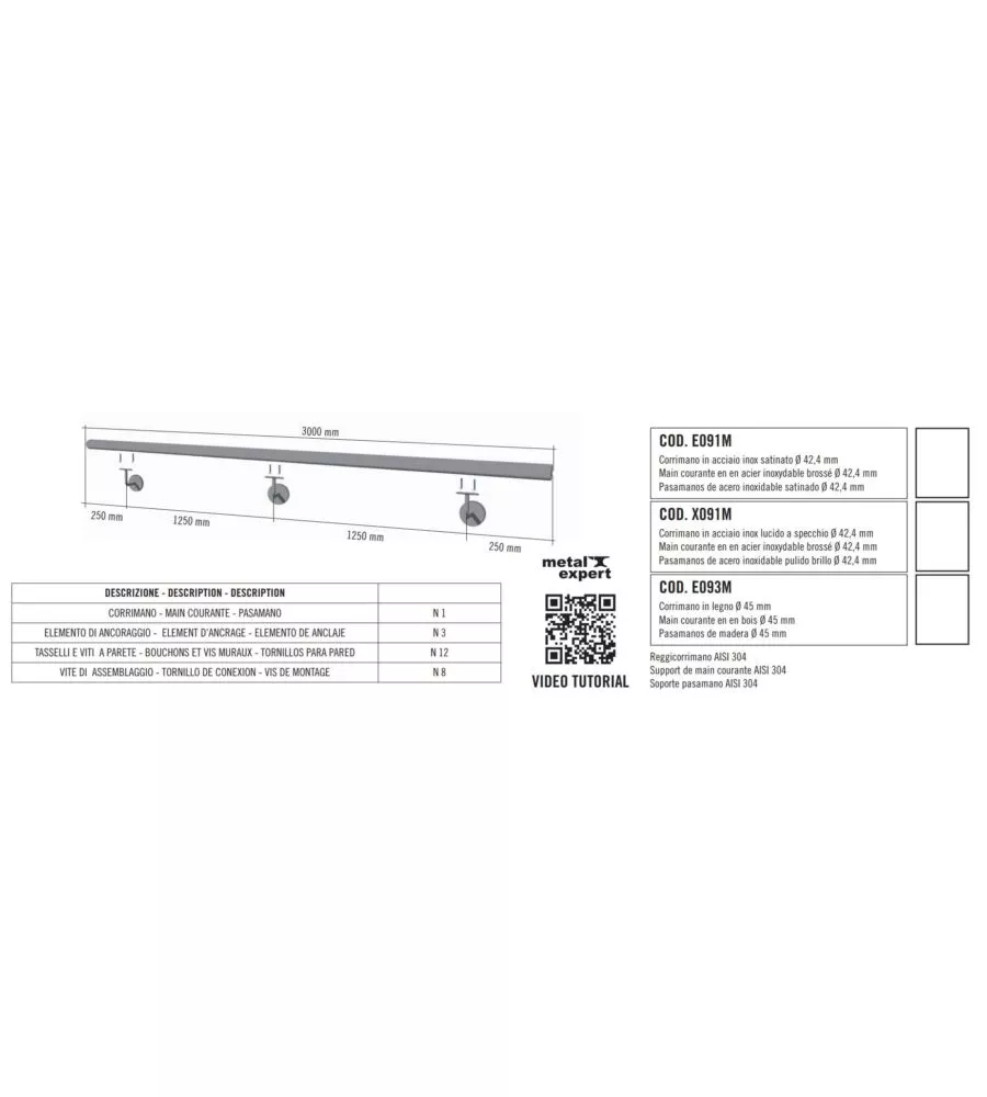 CORRIMANO TONDO IN ACCIAIO INOX AISI 304 SATINATO DA 3 METRI - KIT COMPLETO CON ANCORAGGIO