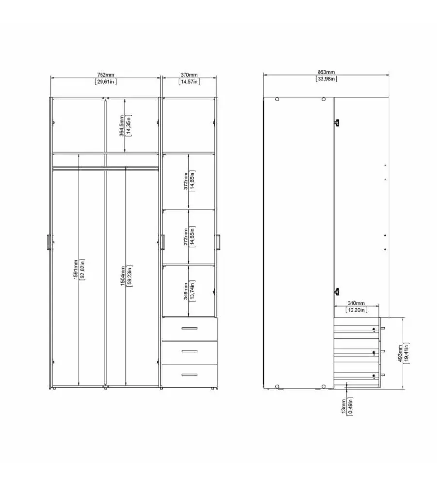 ARMADIO "SPACE" CON 3 ANTE E 3 CASSETTI BIANCO, 115,8X49,5X200,4 CM