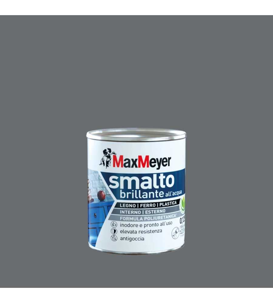 SMALTO ALL'ACQUA ACRIL-POLIURETANICO MAX MEYER "BRILLANTE" COLORE GRIGIO FUMO, 125 ML