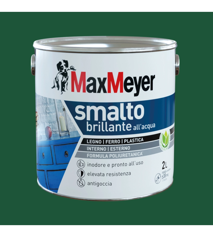 SMALTO ALL'ACQUA ACRIL-POLIURETANICO MAX MEYER "BRILLANTE" COLORE VERDE SCURO, 2 LITRI