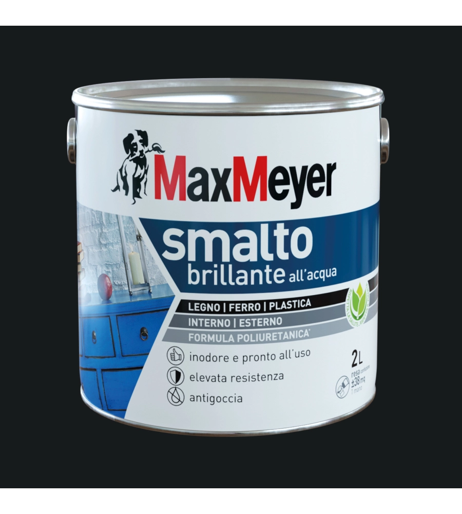 SMALTO ALL'ACQUA ACRIL-POLIURETANICO MAX MEYER "BRILLANTE" COLORE NERO, 2 LITRI