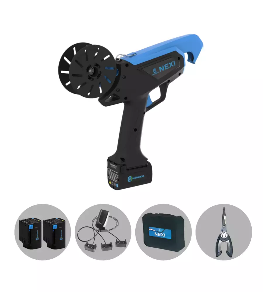 KIT VALIGETTA LEGATRICE A BATTERIA CAMPAGNOLA "NEXI" 2 BATTERIE 14,4V 2,5AH, CARICABATTERIE, 2 BOBINE FILO STANDARD E ATTREZZI
