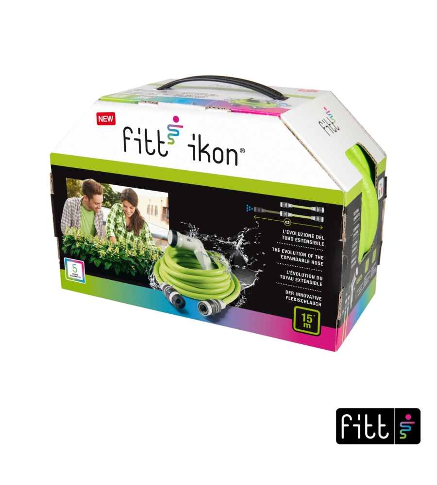 TUBO DA GIARDINO ESTENSIBILE FITT IKON LIME IN TPE E NYLON CON PISTOLA MULTIGETTO, 15 METRI