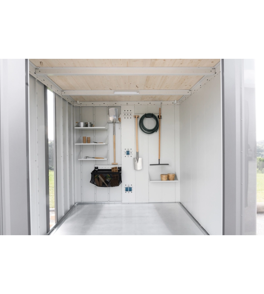 CASETTA DA GIARDINO BIOHORT "NEO 2A" IN ACCIAIO ZINCATO COLORE ARGENTO METALLIZZATO CON PORTA BATTENTE SEMPLICE 180X236X222 CM - COD. 81006