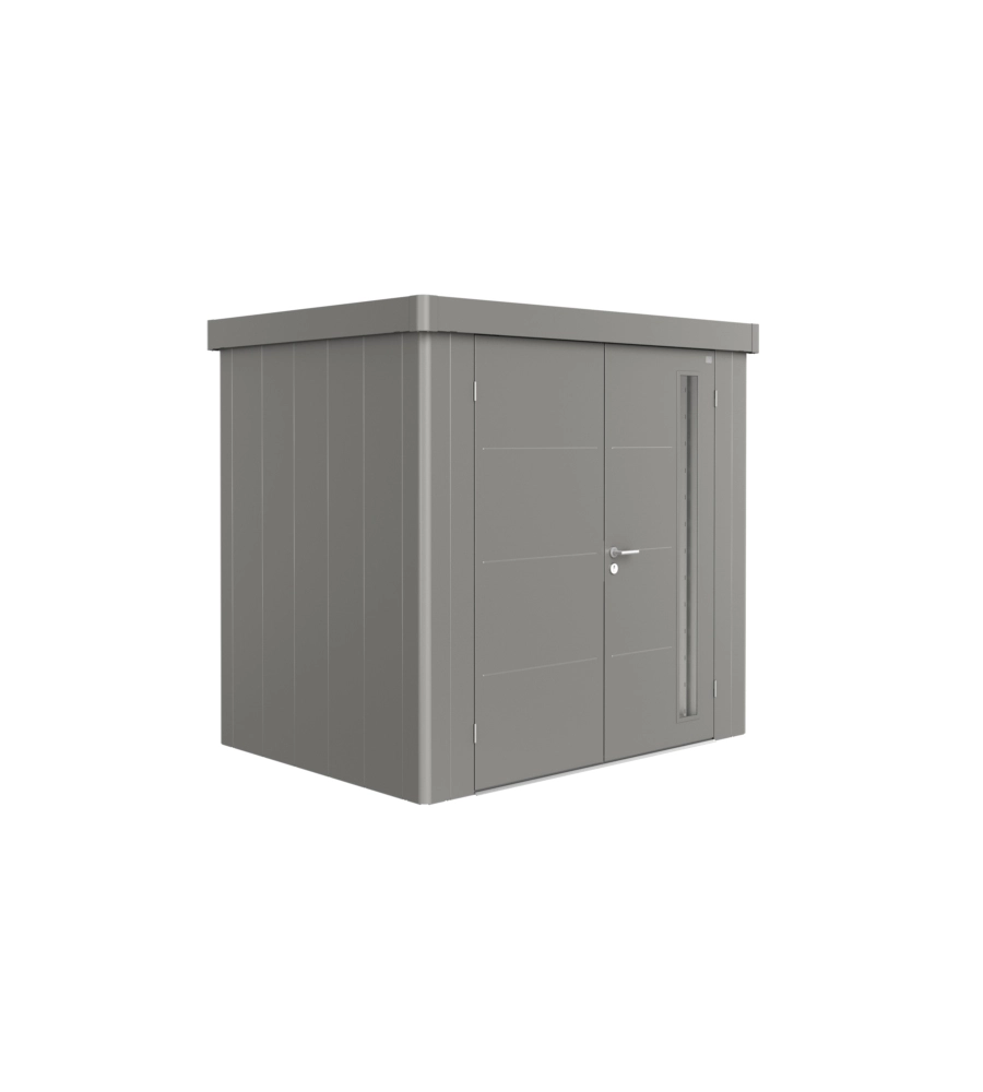 CASETTA DA GIARDINO BIOHORT "NEO 1B" IN ACCIAIO ZINCATO COLORE GRIGIO QUARZO METALLIZZATO CON PORTA BATTENTE DOPPIO 236X180X222 CM - COD. 87060