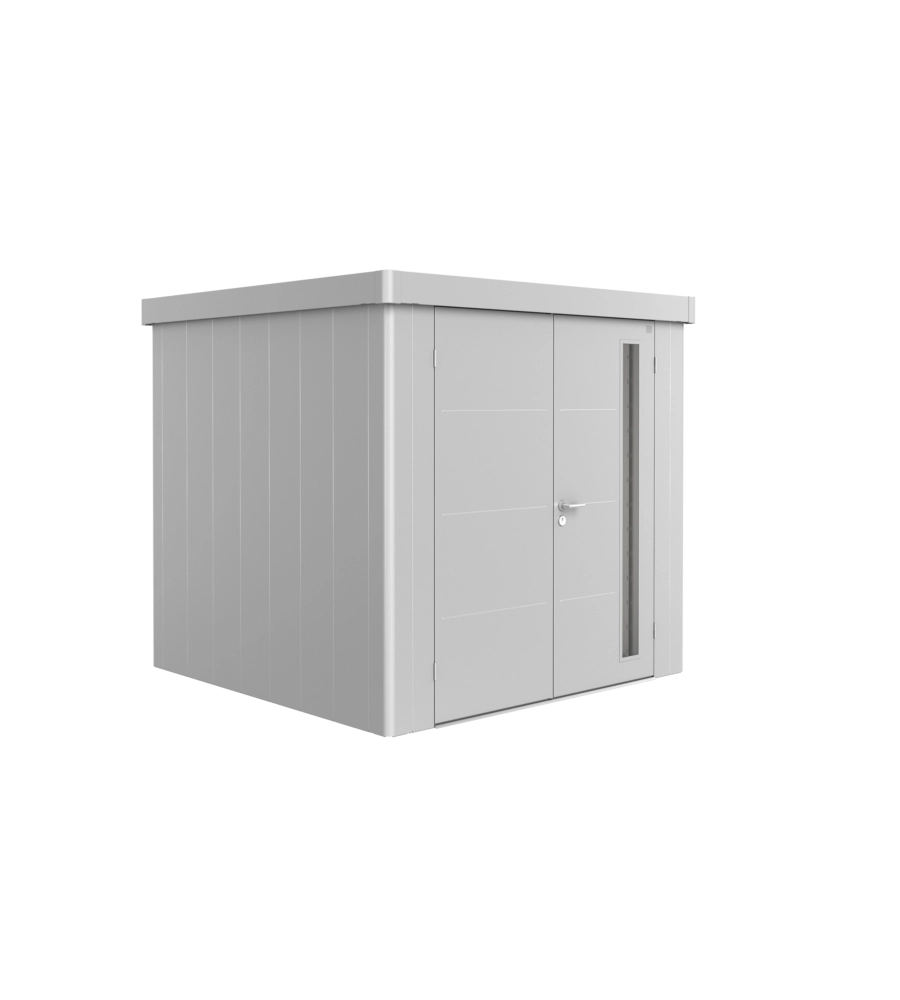 CASETTA DA GIARDINO BIOHORT "NEO 2B" IN ACCIAIO ZINCATO COLORE ARGENTO METALLIZZATO CON PORTA BATTENTE DOPPIO 236X236X222 CM - COD. 81063