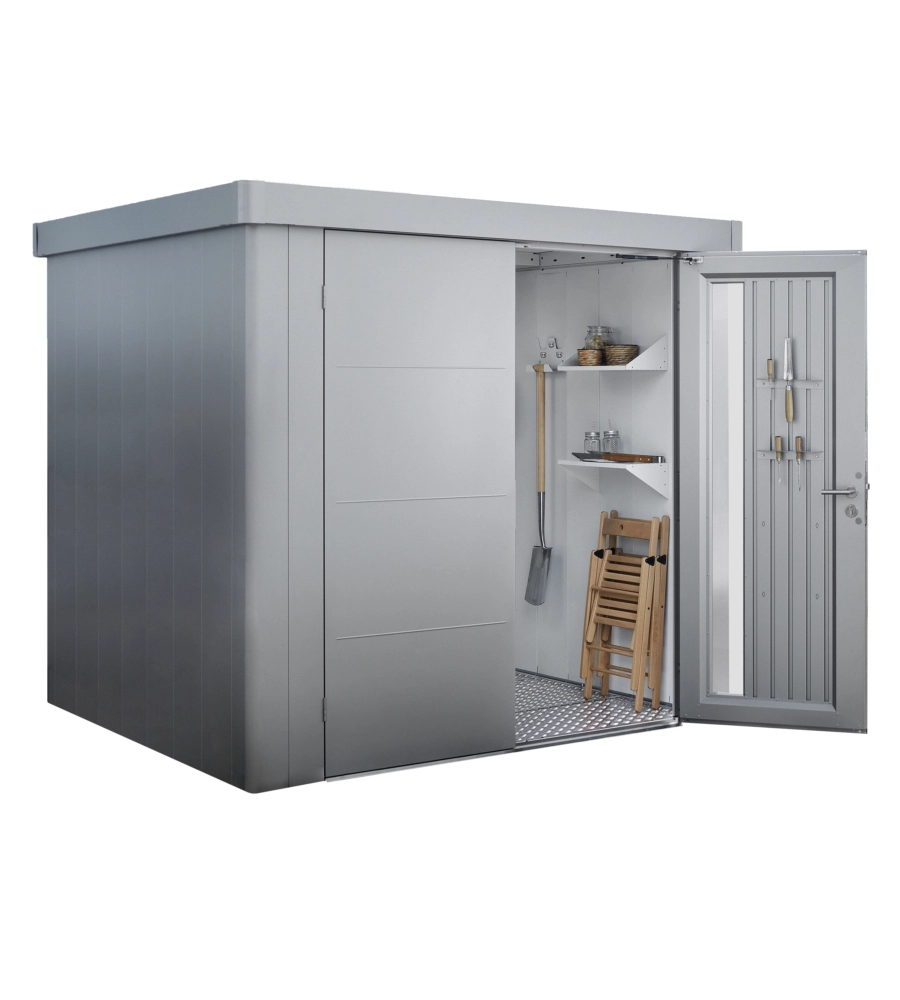 CASETTA DA GIARDINO BIOHORT "NEO 2B" IN ACCIAIO ZINCATO COLORE ARGENTO METALLIZZATO CON PORTA BATTENTE DOPPIO 236X236X222 CM - COD. 81063