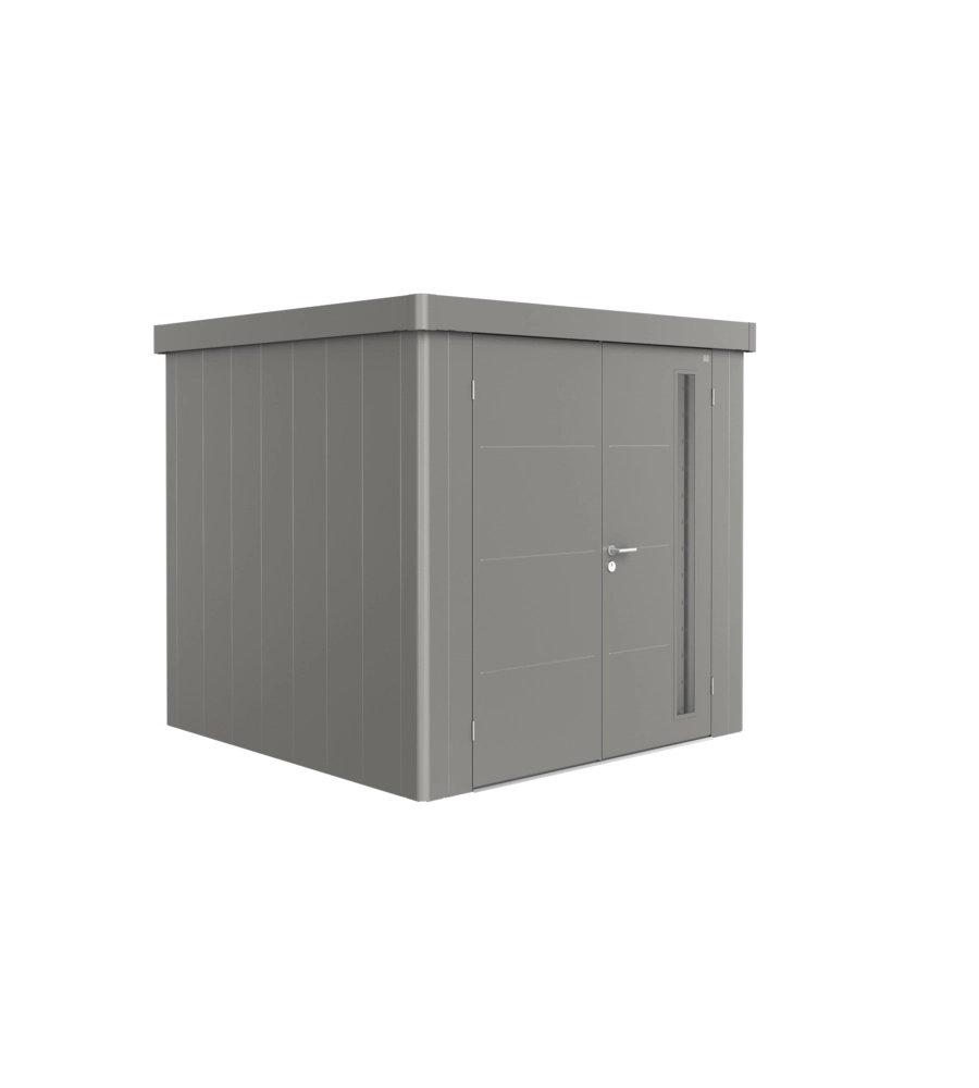 CASETTA DA GIARDINO BIOHORT "NEO 2B" IN ACCIAIO ZINCATO COLORE GRIGIO QUARZO METALLIZZATO CON PORTA BATTENTE DOPPIO 236X236X222 CM - COD. 87063