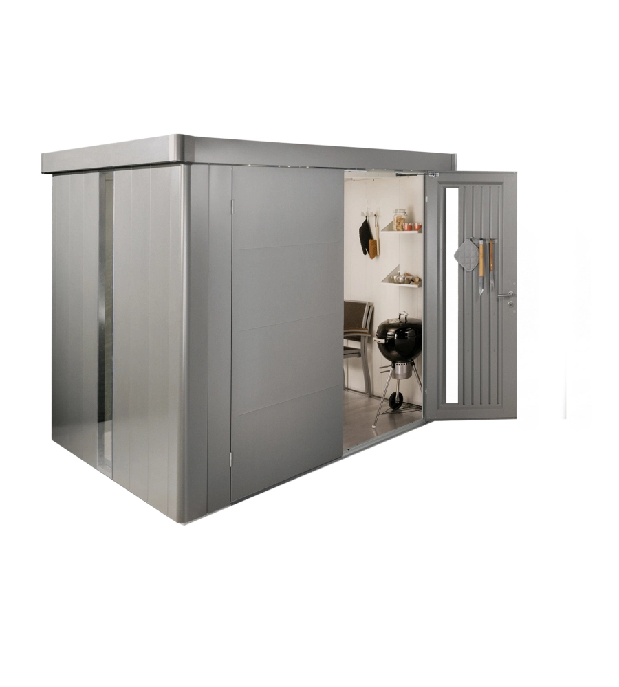 CASETTA DA GIARDINO BIOHORT "NEO 2B" IN ACCIAIO ZINCATO COLORE GRIGIO QUARZO METALLIZZATO CON PORTA BATTENTE DOPPIO 236X236X222 CM - COD. 87063
