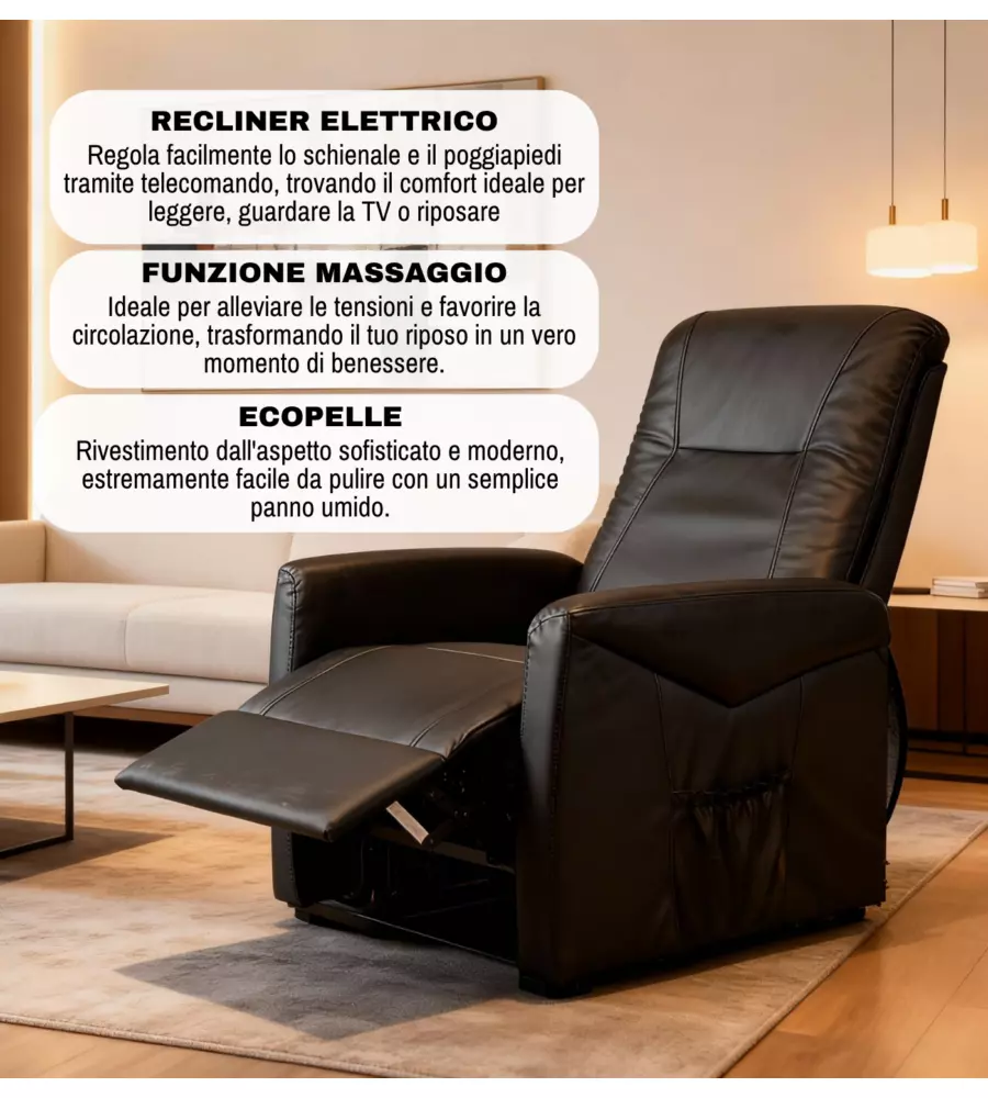 POLTRONA MASSAGGIANTE BELLAHOME "SIENA" CON RECLINER ELETTRICO IN ECOPELLE NERO 75X93X105 CM