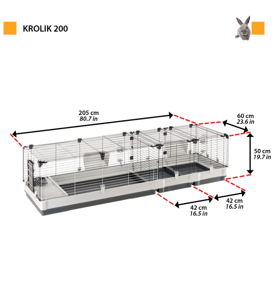 GABBIA PER CONIGLI "KROLIK 200" IN KIT DI MONTAGGIO, 205X60X50 - FERPLAST