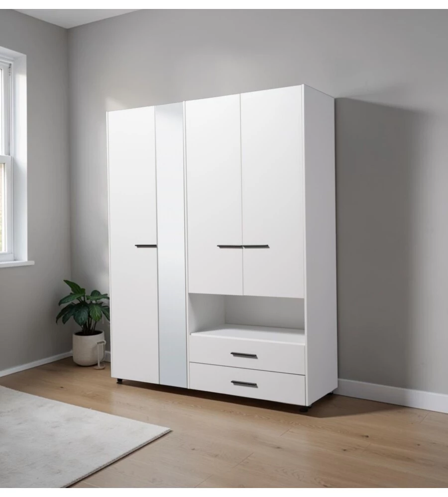 ARMADIO 4 ANTE BATTENTI "LISBONA" CON SPECCHIO E 2 CASSETTI BIANCO 161X55X205 CM