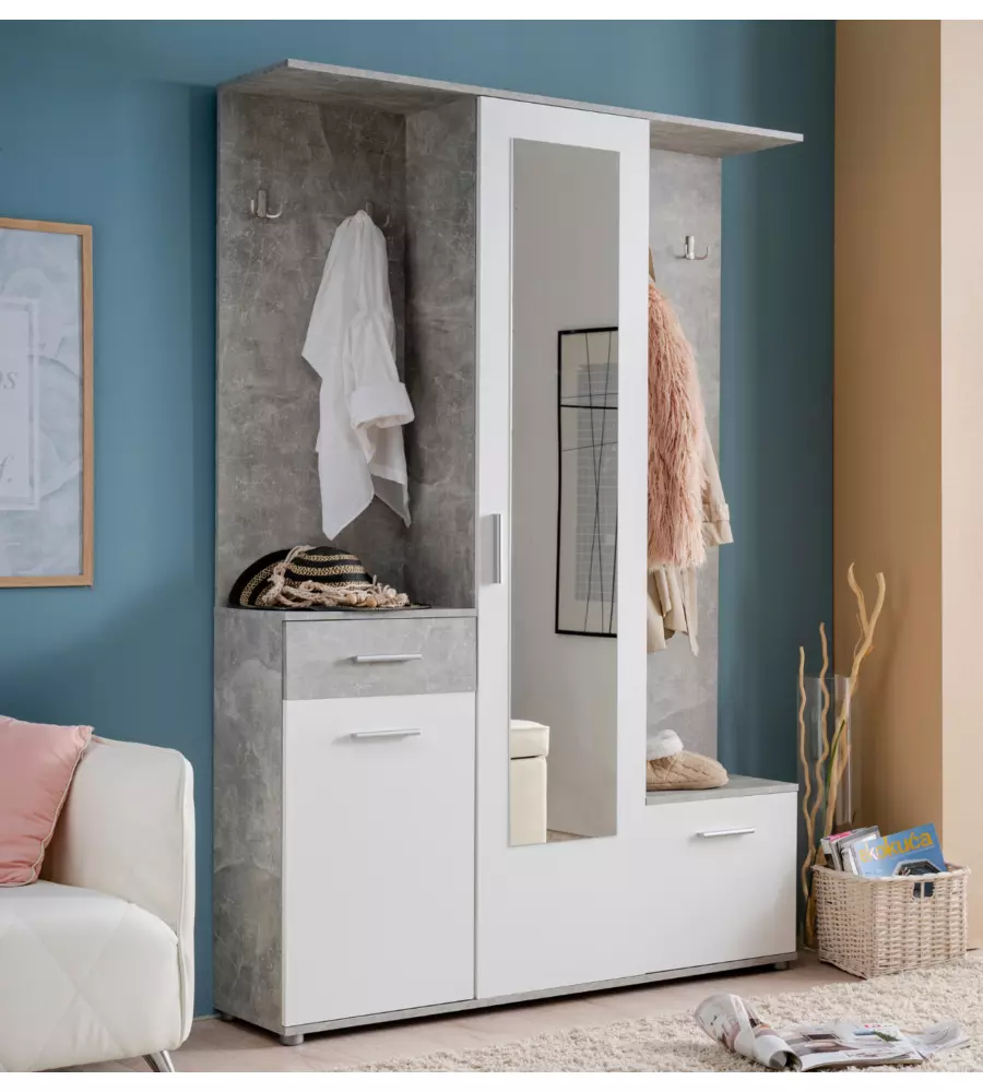 MOBILE DA INGRESSO "BARCELLONA" CON SPECCHIO EFFETTO CEMENTO E BIANCO 133X33X197 CM