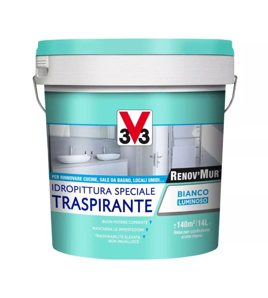 PITTURA MURALE TRASPIRANTE V33 "RENOV'MUR" BIANCO 14 LT
