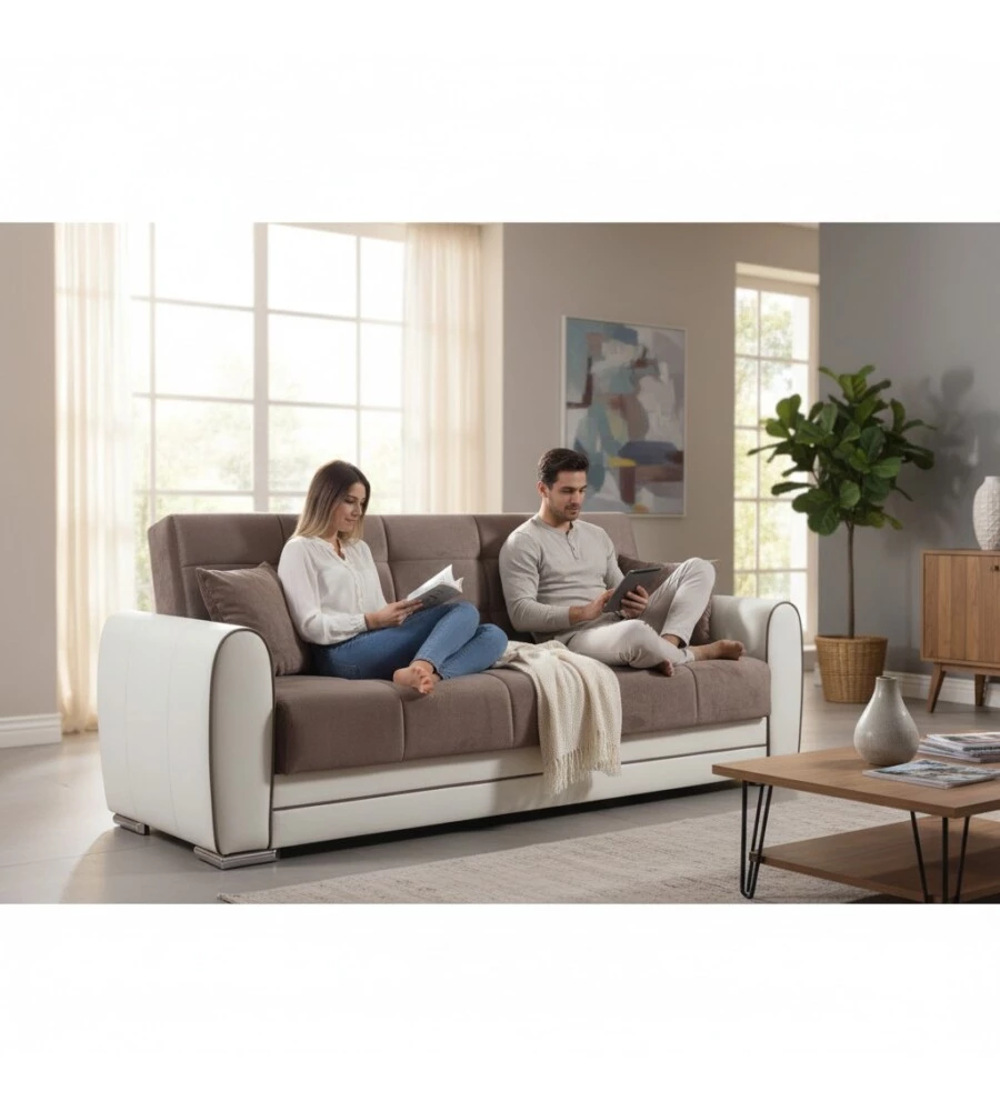 DIVANO LETTO "APOLLO" 3 POSTI IN ECOPELLE GRIGIO E BIANCO, 220X84X91 CM