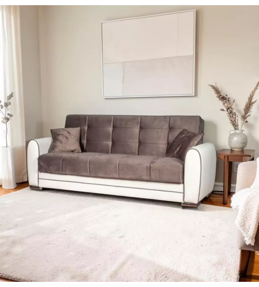 DIVANO LETTO "APOLLO" 3 POSTI IN ECOPELLE GRIGIO E BIANCO, 220X84X91 CM