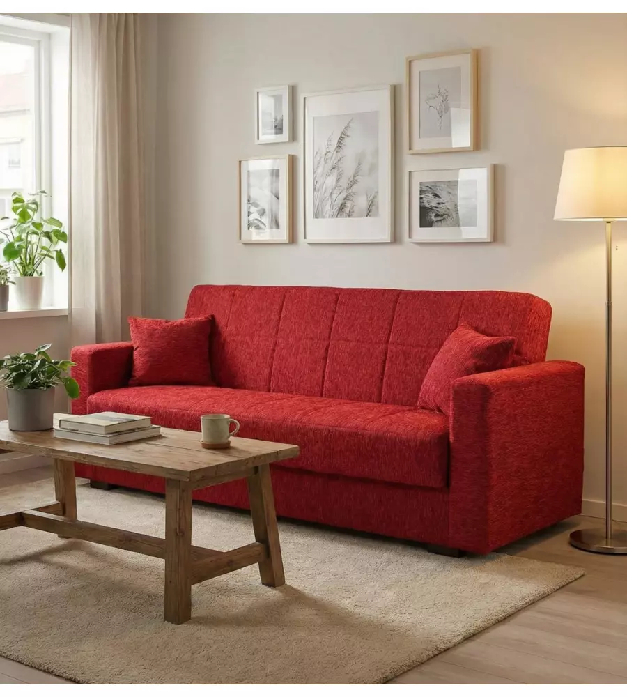DIVANO LETTO "NORA" 3 POSTI IN TESSUTO ROSSO, 212X80X87 CM
