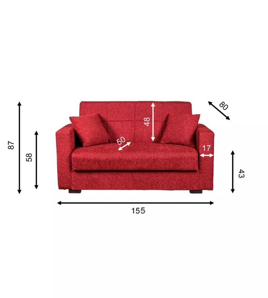 DIVANO LETTO "NORA" 2 POSTI IN TESSUTO ROSSO, 155X80X87 CM