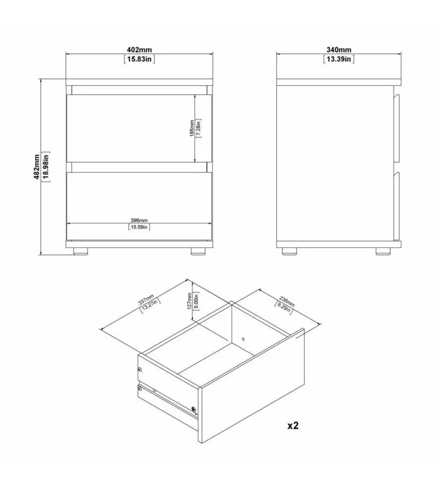 COMODINO 2 CASSETTI "NOVA" BIANCO 40,2X34X48,2 CM