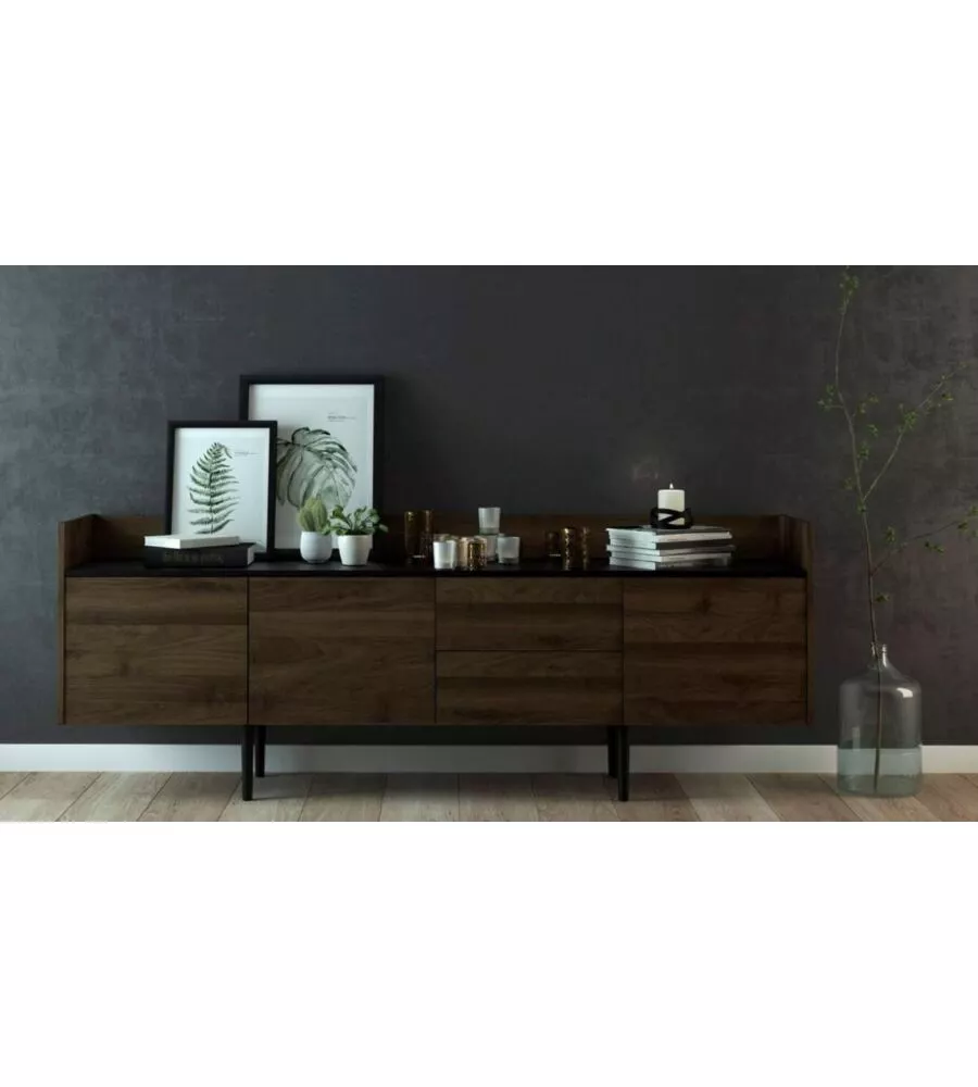MOBILE CONTENITORE 3 ANTE E 2 CASSETTI LEGNO SCURO, 195X73X40 CM