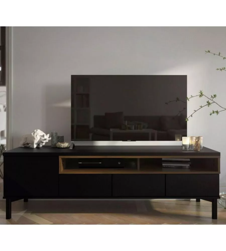 MOBILE TV NERO E LEGNO CON 1 ANTA E 3 CASSETTI, 156X48X48 CM