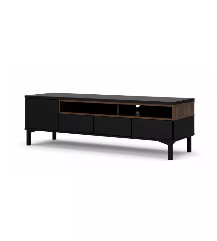 MOBILE TV NERO E LEGNO CON 1 ANTA E 3 CASSETTI, 156X48X48 CM