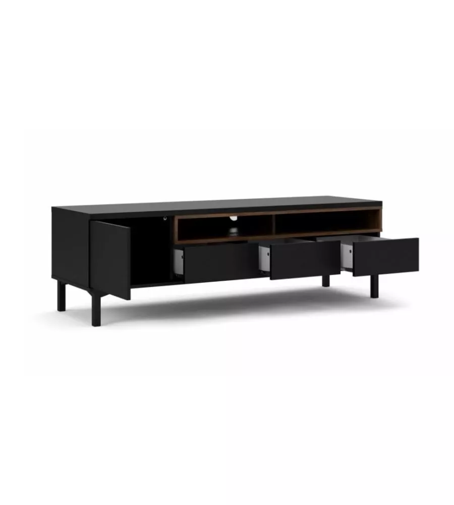 MOBILE TV NERO E LEGNO CON 1 ANTA E 3 CASSETTI, 156X48X48 CM