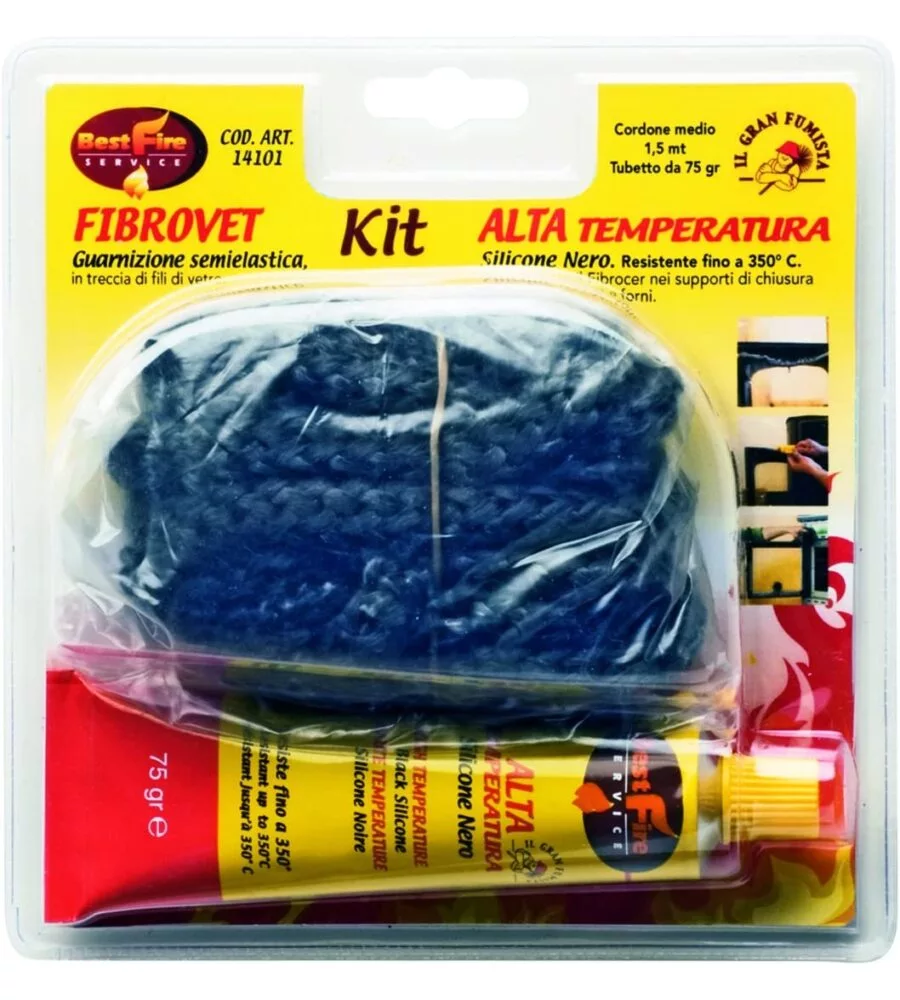 GUARNIZIONE IN FIBRA DI VETRO BEST FIRE "KIT FIBROVET" CON CORDA 1,5 MT, DIAMETRO 12 MM E TUBETTO SILICONE NERO DA 75 GR