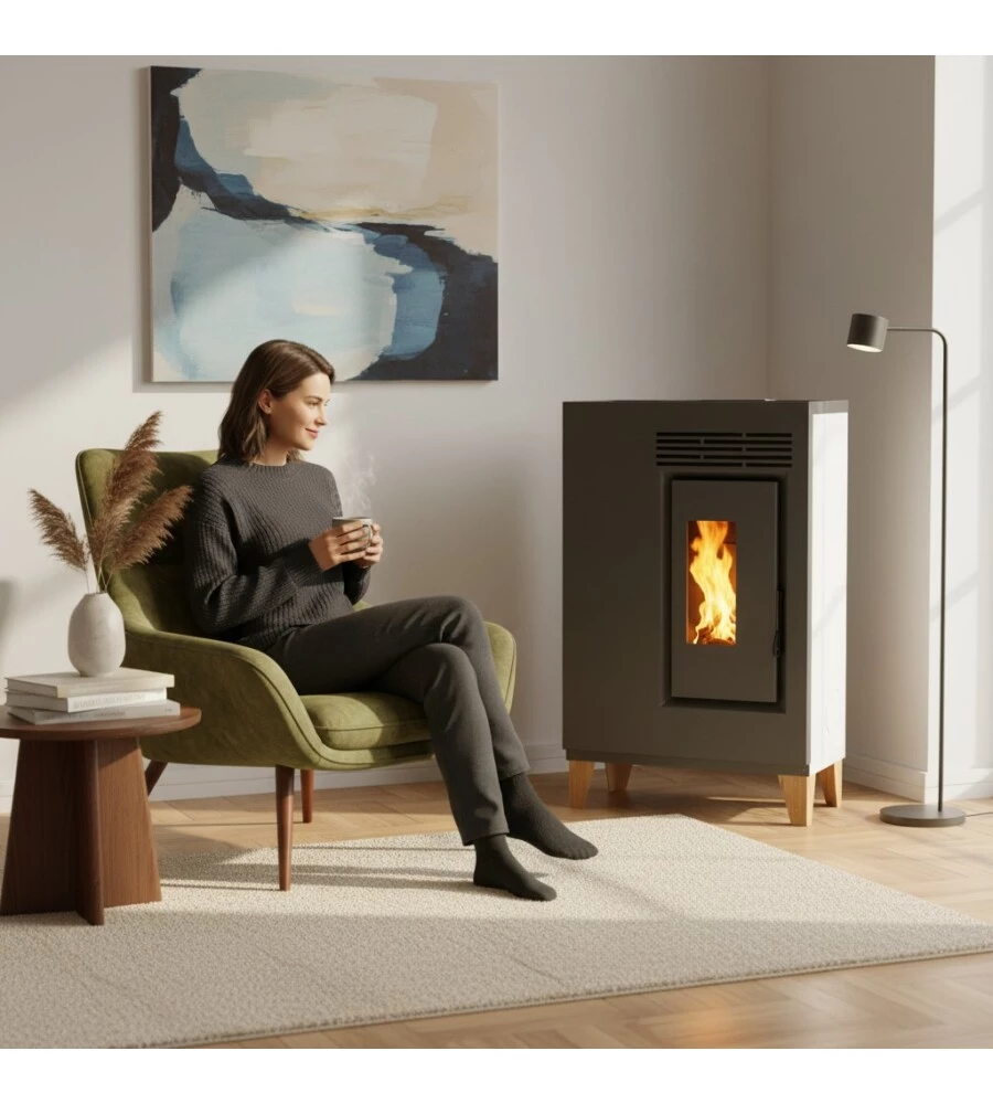 Stufa a pellet ventilata slim Caris "Fiore" con piedini bianco 5,0 kW