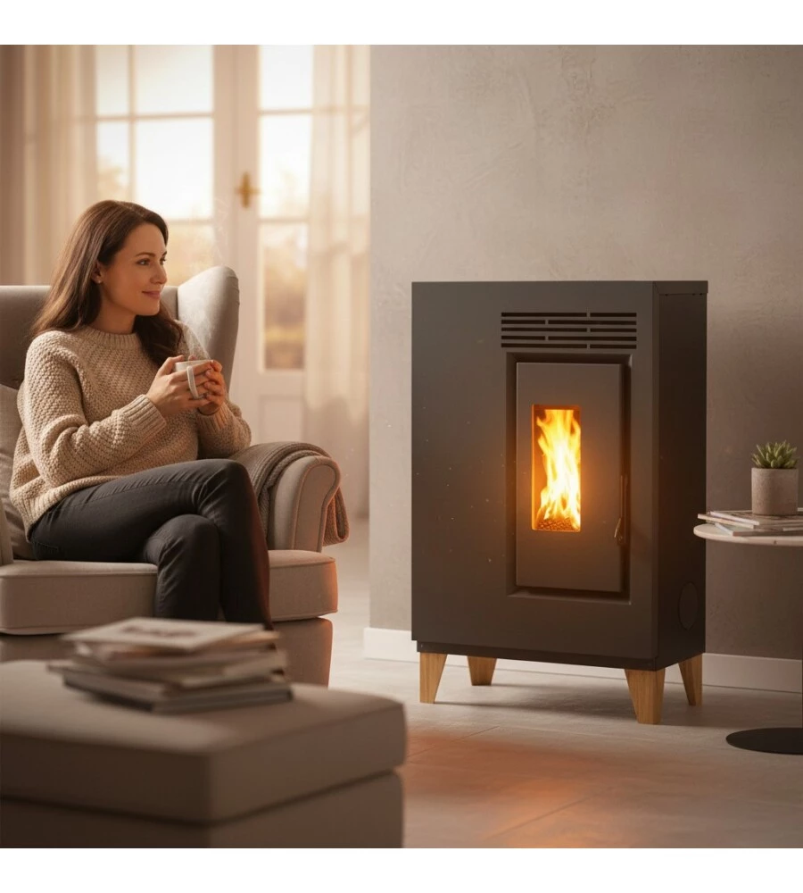 Stufa a pellet ventilata slim Caris "Fiore" con piedini antracite 5,0 kW