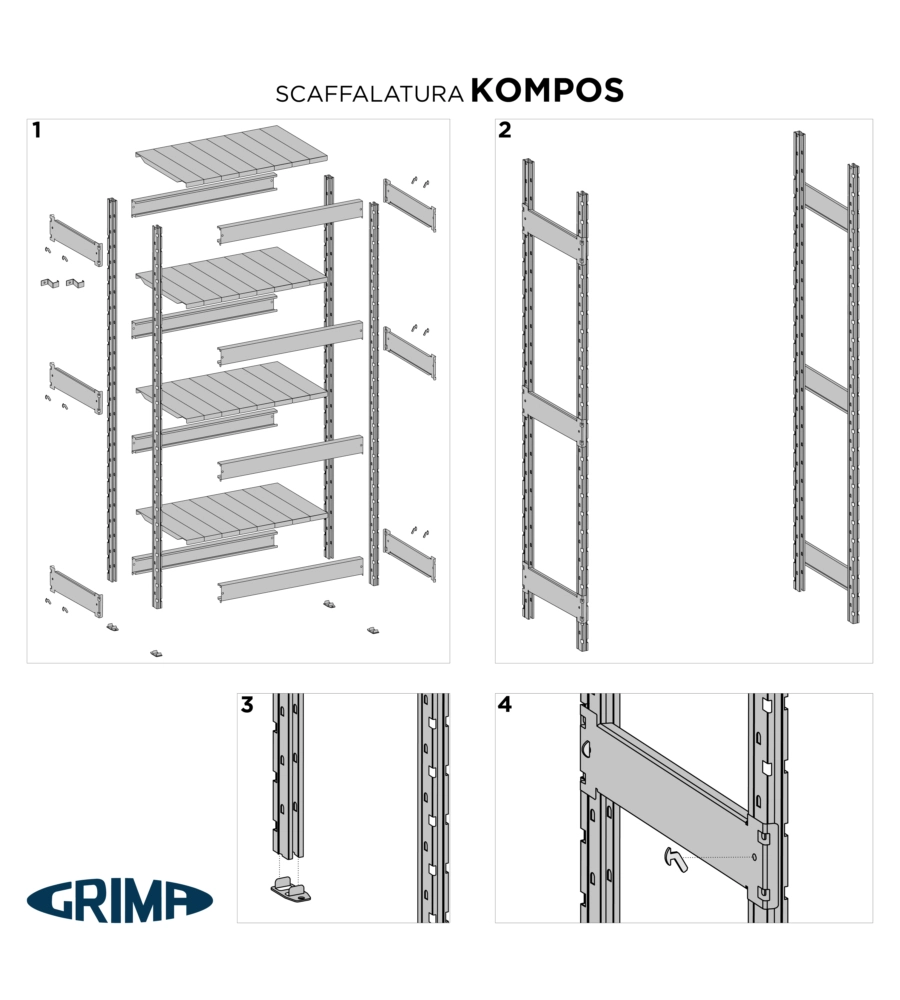 SCAFFALE IN METALLO "KOMPOS" RACK PESANTE CON 3 PIANI A PIANETT, 186x50x240 CM PORTATA 1200 KG - GRIMA