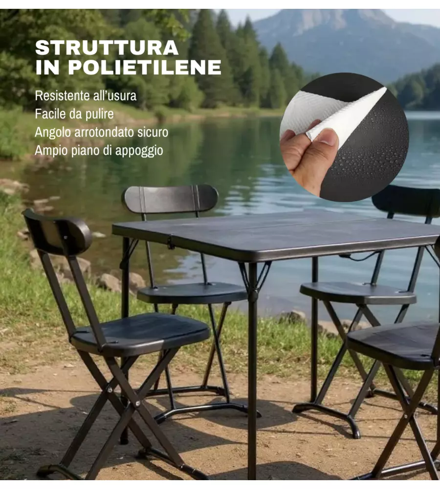 SET DA CAMPEGGIO PIEGHEVOLE EUROGARDEN IN POLIETILENE NERO 4 SEDUTE E TAVOLO