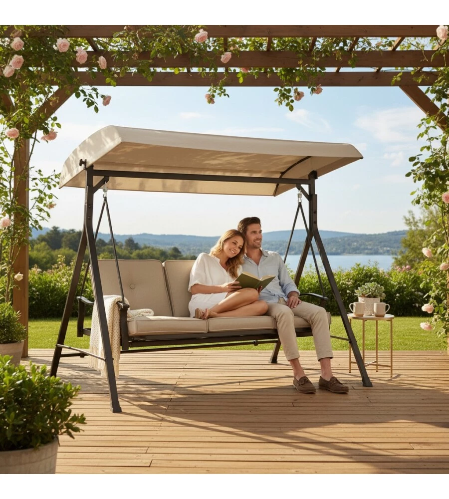 DONDOLO DA GIARDINO 3 POSTI EUROGARDEN IN ACCIAIO E TEXTILENE BEIGE 210X112X180 CM