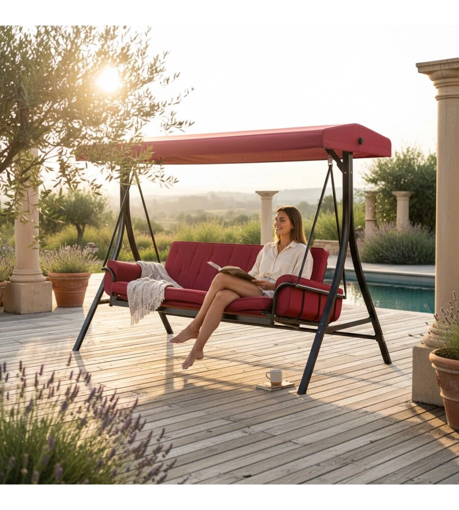 DONDOLO DA GIARDINO 3 POSTI EUROGARDEN "RED PASSION" IN ACCIAIO E POLIESTERE BURGUNDY 240X130X182 CM